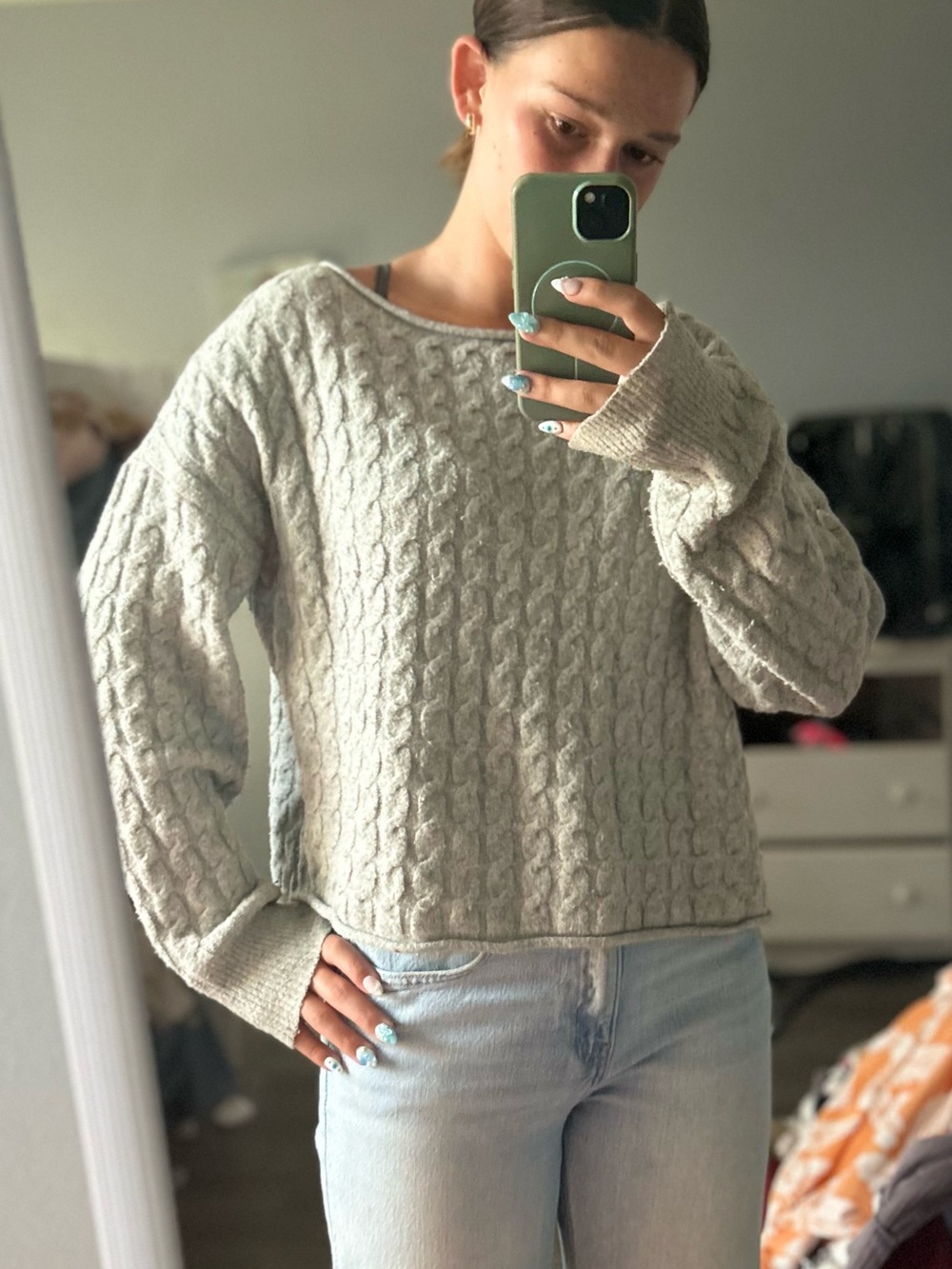 Aeropostale Light Gray Cable-Knit Crewneck Sweater